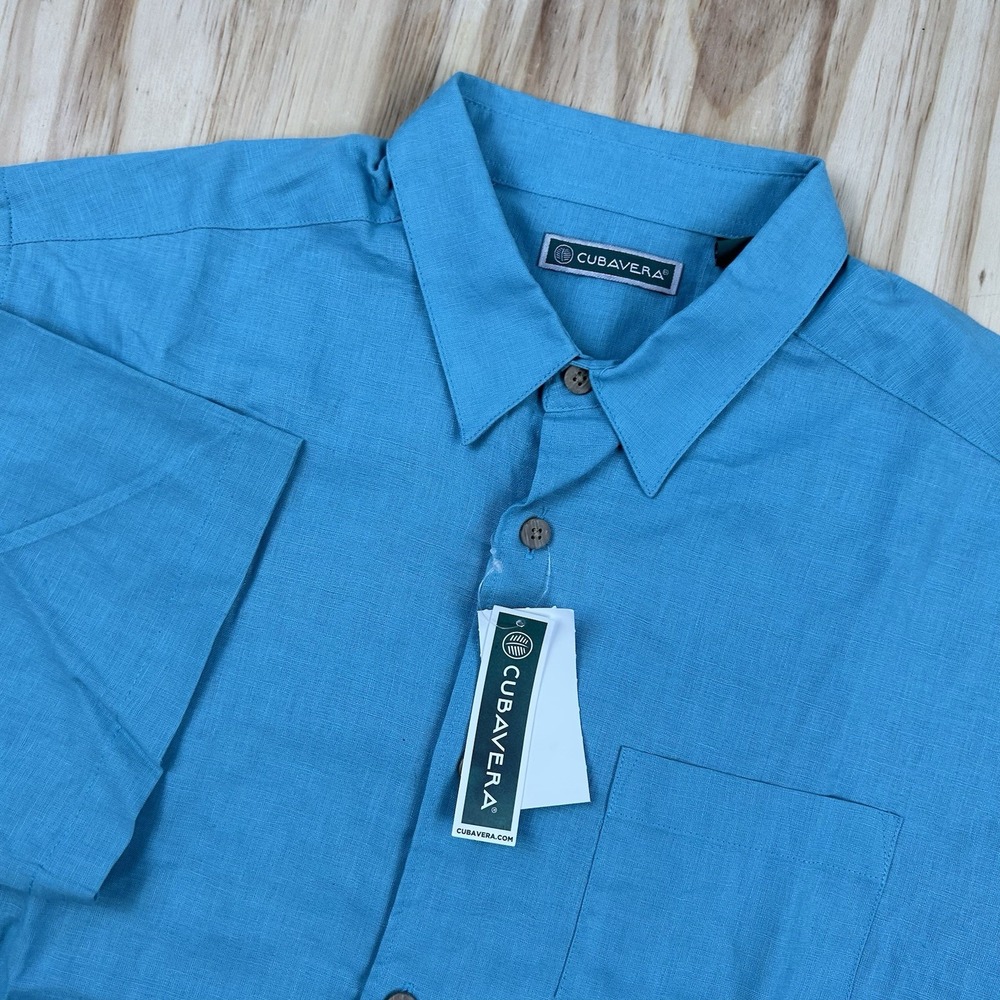 Cubavera NEW Men's Short Sleeve Linen Blend Button Shirt Blue Large Tropical Res